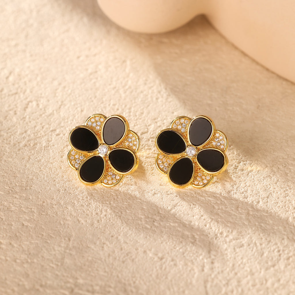 Four-Petal Flower Black Agate Earring