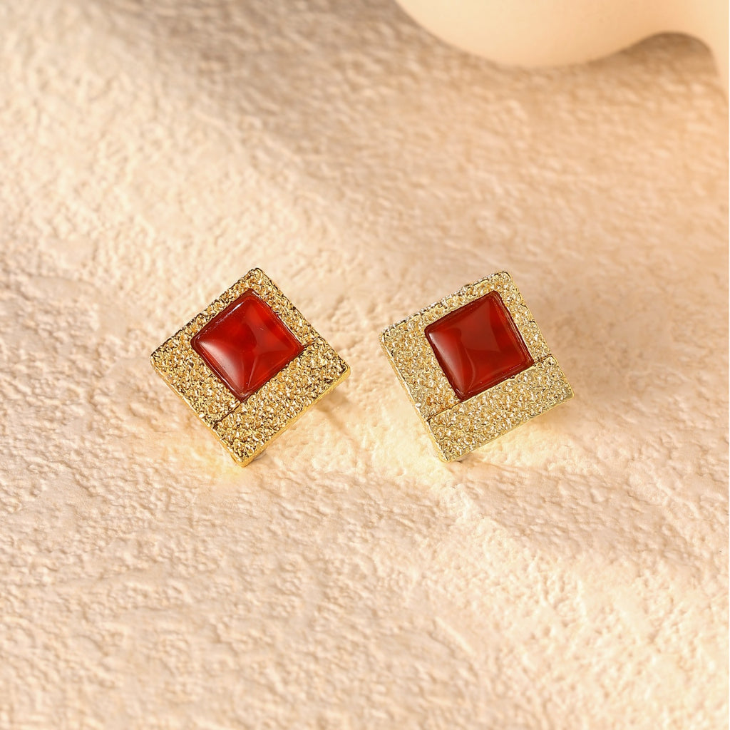 Red Agate Square Stud Earring