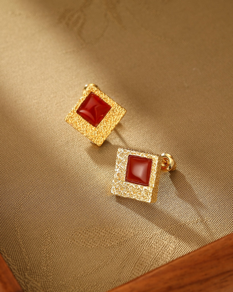 Red Agate Square Stud Earring