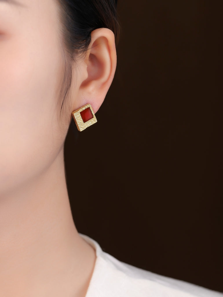 Red Agate Square Stud Earring