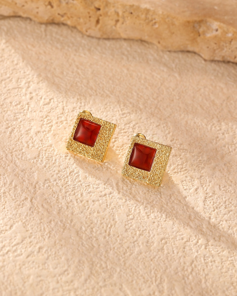 Red Agate Square Stud Earring